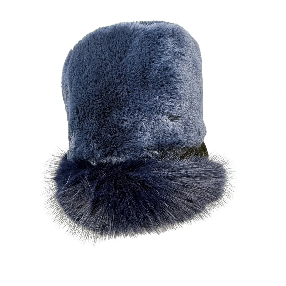 Navy Blue Faux Fur Pillbox Cloche Hat One Size Quilted Lining Winter Glam Retro